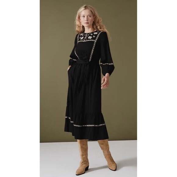 Per Una Pure Cotton‎ Embroidered Midaxi Tiered Gathered Cuff Dress Sz 16 Boho - Picture 1 of 9